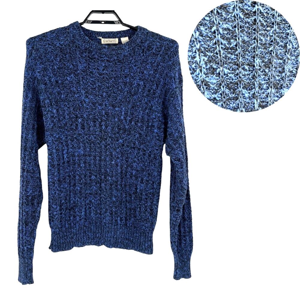 Vintage 80s Cacharel Grandpa Sweater Sz Med Preppy Blue Ribbed Academia Retro